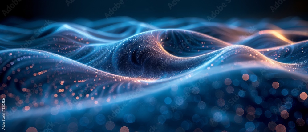 Poster An abstract digital wave on a blue background. A futuristic point wave. Big data. 3D rendering.