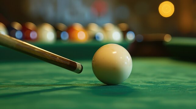 A close-up view of a billiard ball being struck by a cue, capturing the moment of impact and the dynamic movement of the ball across the green felt of the table.