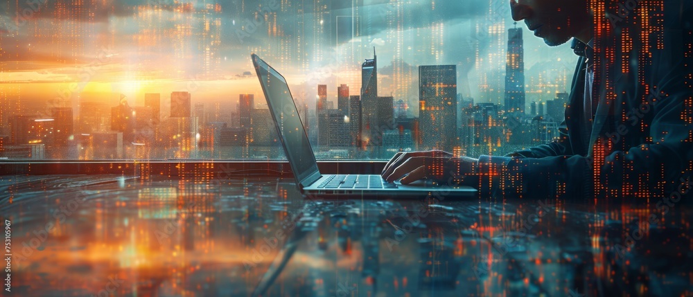 Wall mural Business man working on laptop computer with blank screen on wooden desk in double exposure