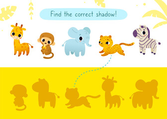 Mini game with cute savannah animals for kids. Find the correct shadow of cartoon african animals.