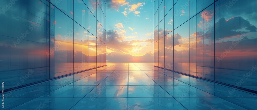 Poster a view of a glass building against a blue sky background, looking up to the lights on top of the bui
