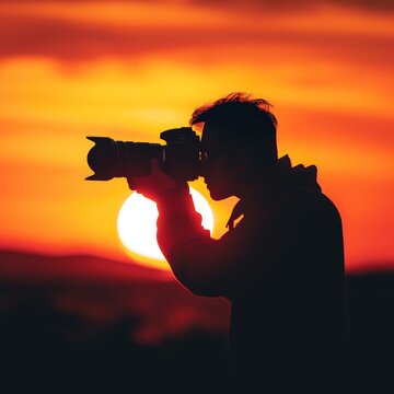 Professional photographer holds a reflex camera, adjusting the settings to capture the perfect shot of a breathtaking sunset, silhouette photography.