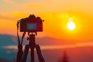Camera is shown on a tripod, with the sun setting behind it.