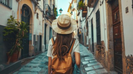 beautiful woman with her back turned in a beautiful little town with a backpack and a day hat in high resolution and high quality. concept travel, tourism, backpackers, vacation