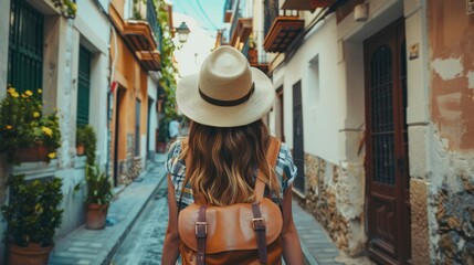 beautiful woman from behind in a beautiful little town with a backpack and day hat in high resolution