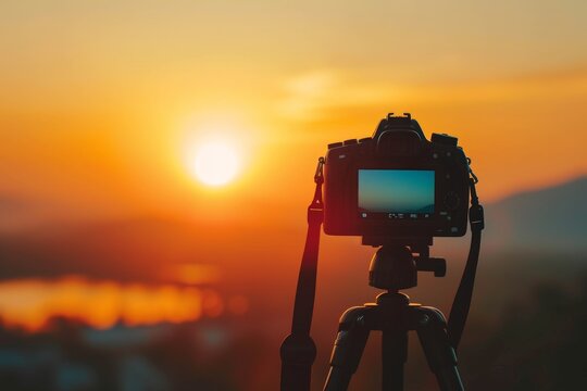 Camera is shown on a tripod, with the sun setting behind it.