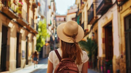 beautiful woman with her back turned in a beautiful little town with a backpack and a day hat in high resolution and high quality. travel concept, tourism, backpackers, vacation, rest, woman