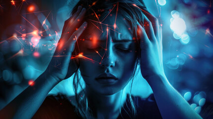 concept of woman with anxiety and depression holding her head in a blue dominant futuristic neon setup overlay background