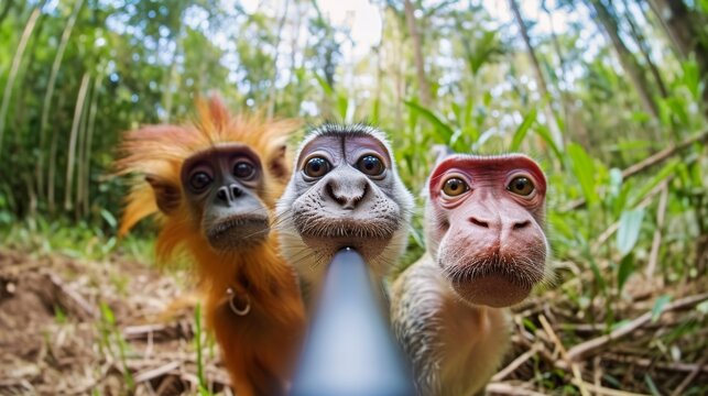 Monkeys in the rainforest take a photo together