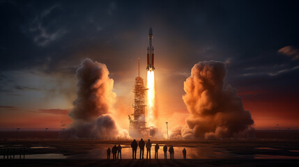 Rocket Launch Early Morning, Ignition And Liftoff Stages