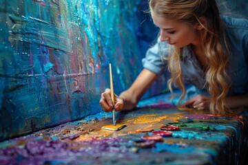 An artist is depicted in the process of creating a bold, textured painting on canvas in a studio...