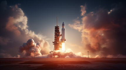 Rocket Launch Early Morning, Ignition And Liftoff Stages