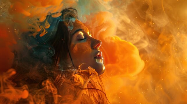 Enveloped in a vibrant plume of orange smoke, a woman becomes one with the vivid hues.