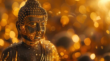 A golden Buddha statue in a golden background, I can't believe how beautiful this is, poolcore, daylight effect, copy space - generative ai
