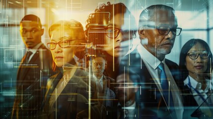 İntersection of technology and corporate life. Biometric photos and data overlay diverse businesspeople in an office.
