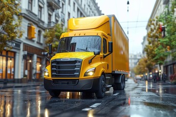 An eye-catching yellow delivery truck drives through rainy city streets, reflecting the urban environment on its wet surface