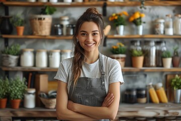 A young smiling woman stands confidently in a kitchen with crossed arms, wearing an apron