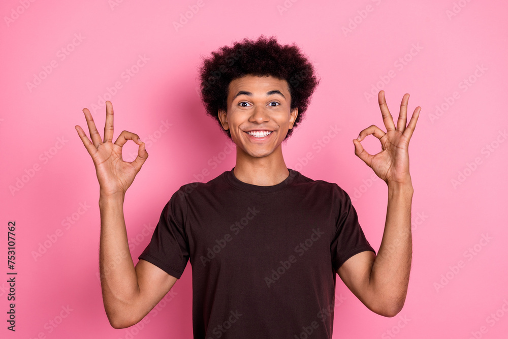 Sticker photo of toothy beaming hollywood smile young guy in brown t shirt show double okey symbol feedback 