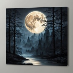 An atmospheric scene of a full moon, clouds, casting an eerie glow over a misty forest at night
