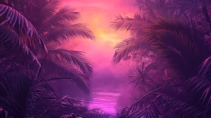 Tuinposter Tropical Twilight Tapestry: Palm Paradise in Pastels © Andrii 