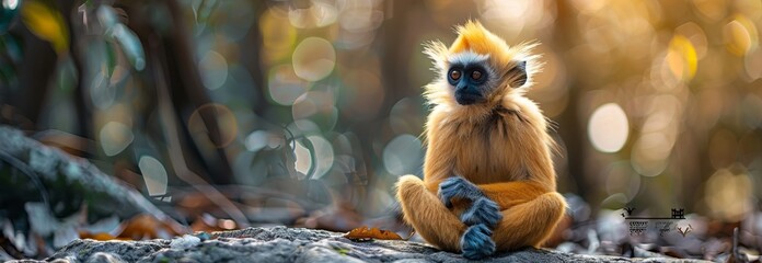 Portrait of a golden langur, looking at the camera. Close up