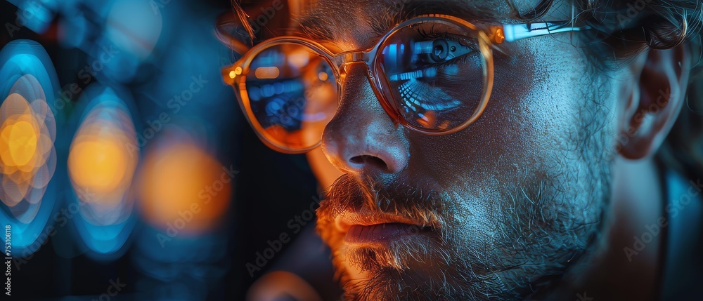 Aufkleber Portrait of he nice attractive skilled focused serious guy writing scripts, AI, and development in a dark office surrounded by computers