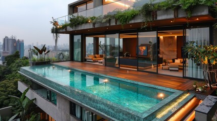 private pool with flowers and greenery around