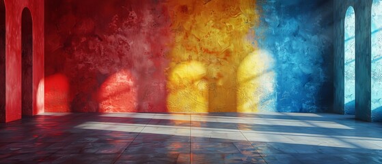 Wall background with bright colors and a hard falling shadow. 3D rendering.
