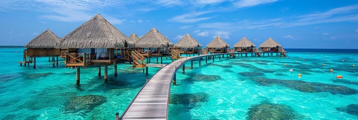 Scenic wooden walkway to overwater bungalows above turquoise ocean water at tropical resort - obrazy, fototapety, plakaty