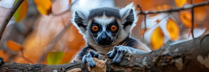 Portrait of a ring tailed lemur in natural habitat. Close up - obrazy, fototapety, plakaty