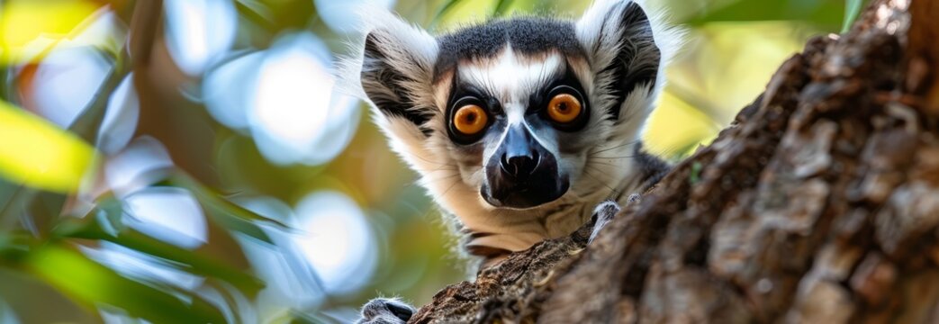 Portrait of a ring tailed lemur in natural habitat. Close up