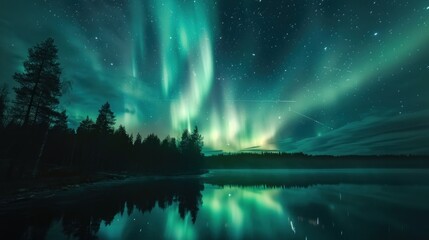 Northern Lights illuminates the starry sky, casting an ethereal glow upon the nocturnal landscape.