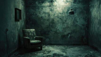 old abandoned room with dirty chair and horror, creepy atmostphere