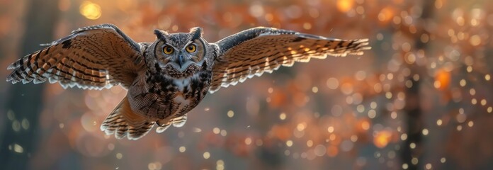 Portrait of a beautiful owl flying towards the camera in its natural environment. Close up