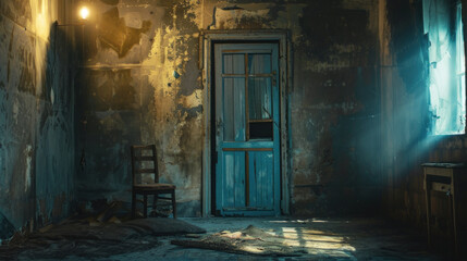old abandoned dirty room with door closed, chair, yellow lamp light and sunlight coming through window