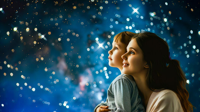 Ni&ntilde;a con su mam&aacute; imaginando un cielo lleno de estrellas. 