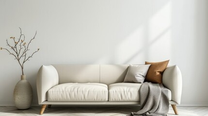 Modern Scandinavian style minimalist interior living room with sofa and vase with rays of light. - obrazy, fototapety, plakaty
