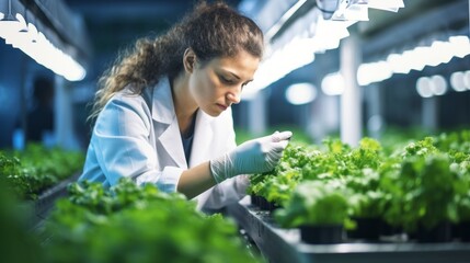 A female agronomist examines the leaves of cultivated plants of vegetables and herbs for the presence of disease in a greenhouse, Laboratory. Biotechnology, Science, Agriculture, Farming concepts. - obrazy, fototapety, plakaty