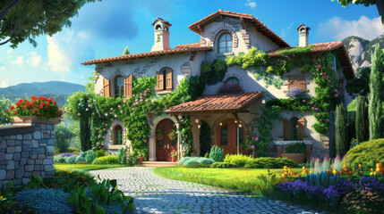 Serene Mediterranean villa with a beautifully landscaped garden and cobblestone pathway, perfect for relaxation and leisure