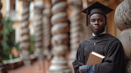 A confident young graduate standing proudly in regalia, holding a book, amidst classical columns, real photo, stock photography ai generated high quality image