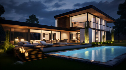 A sleek and contemporary residence at night, featuring outdoor lighting that accentuates the architectural lines, with a well-maintained garden creating an inviting atmosphere
