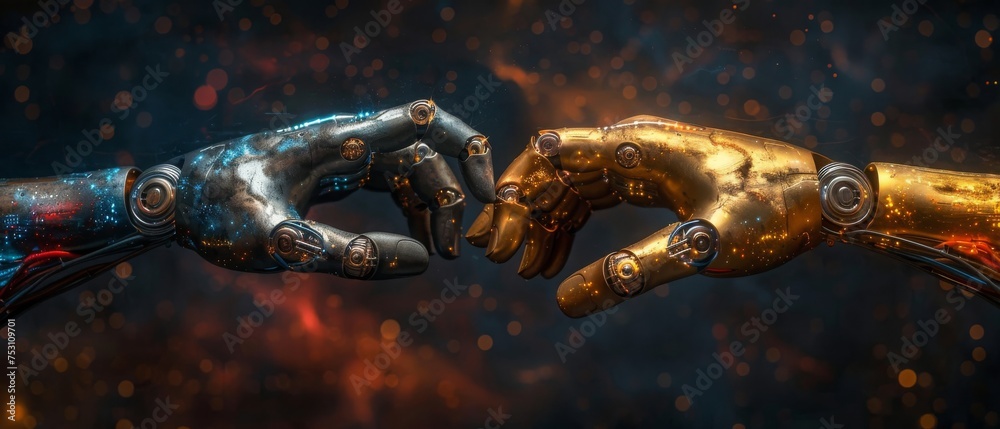 Leinwandbilder AI, Machine learning, Human and robot hands touching big data network, science and artificial intelligence technology, innovation and futuristic.