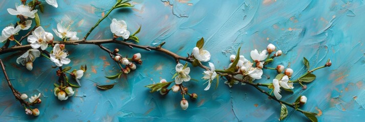 Spring blossom background. Beautiful nature scene with blooming branches, Spring flowers, blue background. Cherry or Sakura blossoms. Springtime.