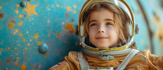 On a bright blue wall with yellow stars, a young girl wearing an astronaut costume is playing and dreaming of becoming a spaceman. - obrazy, fototapety, plakaty
