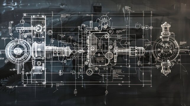 Portrait of schematic diagram a complex engineering machine. generative AI image