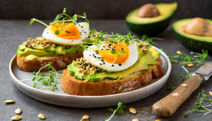 Healthy toasts with avocado, egg and sesame seeds, sprinkled with cress salad. Tasty food.