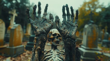 The skeleton hands of a zombie rise from a cemetery - Halloween background