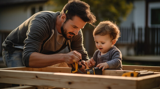 Father is teaching his young son how to use build something from wood.