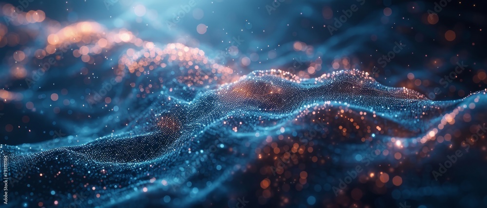Poster Technology and data science for big data. Data scientists query, analyze and visualize complex information on a virtual screen. Data flow concept. Business analytics, finance, neural networks, AI and