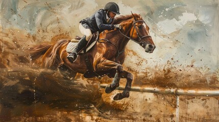 A horse and rider duo in action, with the rider leaning low on the horse's neck, aiming for a peg set at a distance, showcasing the speed and agility required in the sport. - obrazy, fototapety, plakaty